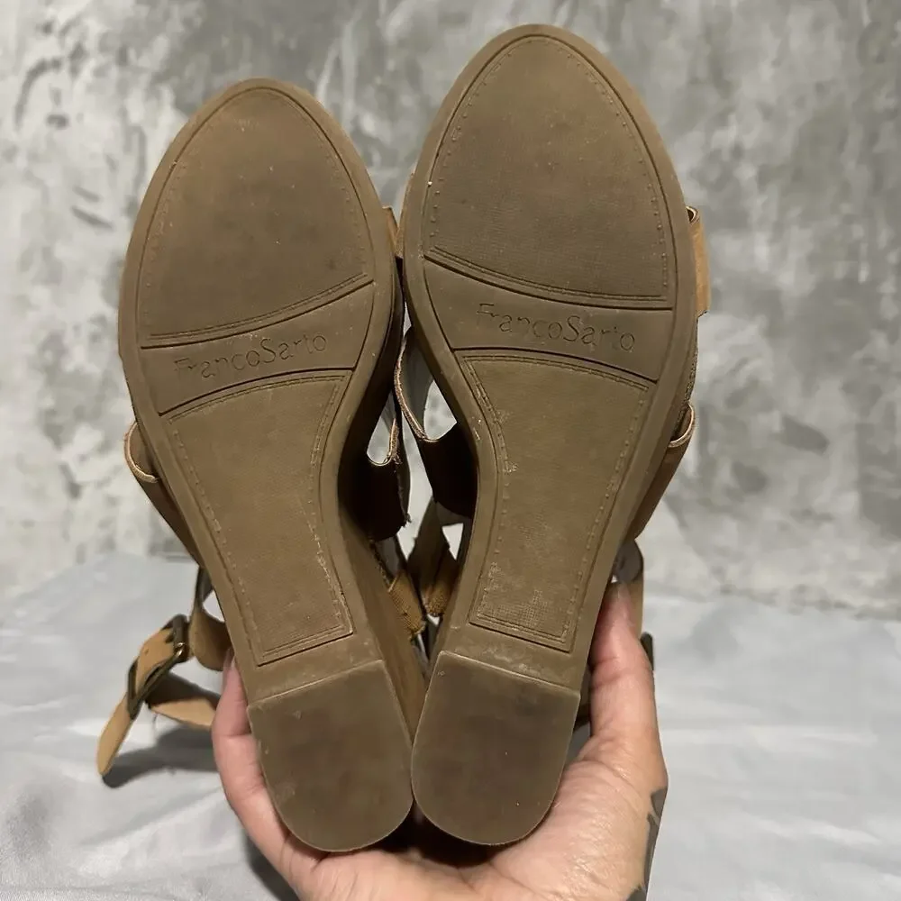 Franco Sarto Fiona Strappy Leather Wedge Sandals Womens Size 8.5M Brown Cork EUC